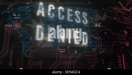 Displaying distressed ACCESS DENIED overlaying world map on security dashboard, showing hex nodes Stock Photo