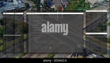 Displaying central code window hovering over aerial highway junction, showing ID USER PASS panels Stock Photo