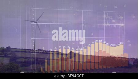 Displaying three-blade wind turbine sitting on ridge at dusk, overlaying transparent 3D bar chart Stock Photo