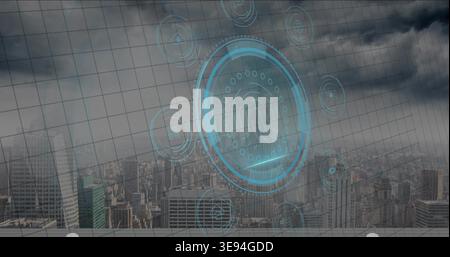 Projecting blue fingerprint HUD overlaying downtown skyline through glass grid, with data rings Stock Photo