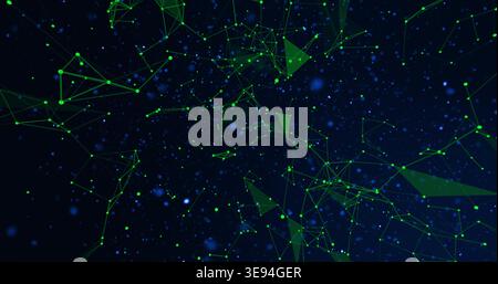 Glowing dense green node-and-line network floating in virtual space, with triangular facets Stock Photo