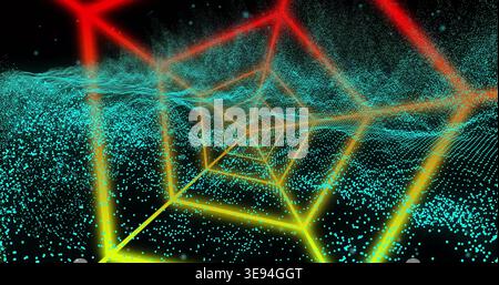 Glowing neon hexagonal frames receding into digital tunnel in dark void, with cyan particle field Stock Photo