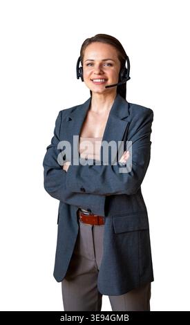 Isolated professional customer support representative in headset standing with crossed arms. Stock Photo