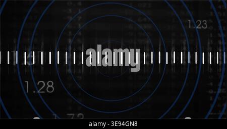 Displaying central white vertical bar array on digital display, showing concentric blue circles Stock Photo