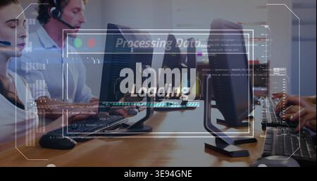 Typing team in collared shirts using monitors, keys at office showing Processing Data Loading HUD Stock Photo
