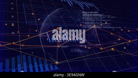 Displaying wireframe 3D globe rotating on digital dashboard, showing blue bars and orange node line Stock Photo