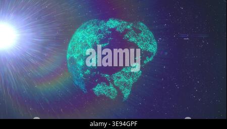 Glowing teal wireframe globe with nodes and lines rotating in space, displaying bright star halo Stock Photo
