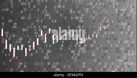 Displaying chart on digital dashboard, showing white candlestick bars, red trend line, binary code Stock Photo