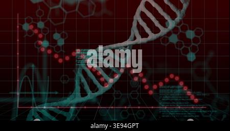 Displaying teal DNA double helix winding across virtual lab dashboard, with red data points Stock Photo