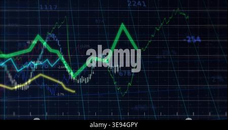 Displaying thick bright green zigzag trend line climbing on trading dashboard, with candlesticks Stock Photo