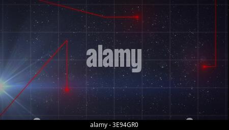 Displaying central starfield and grid in outer-space HUD with red lines, glowing nodes, left flare Stock Photo