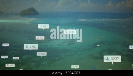 Displaying data callouts hovering over turquoise lagoon, with numeric labels, icons, left island Stock Photo