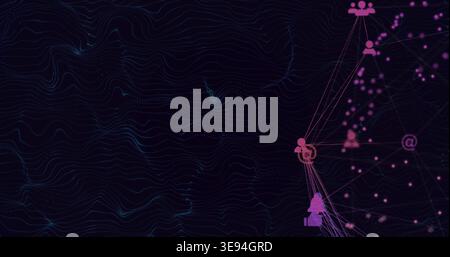 Displaying magenta avatar cluster pulsing on deep navy graphic, with teal contour waves, copy space Stock Photo