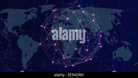 Displaying translucent spherical network over global map, showing purple nodes, icons and blue pins Stock Photo