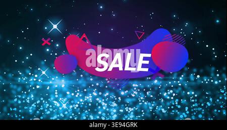 Displaying magenta-blue gradient banner featuring word SALE in digital header, with teal bokeh Stock Photo