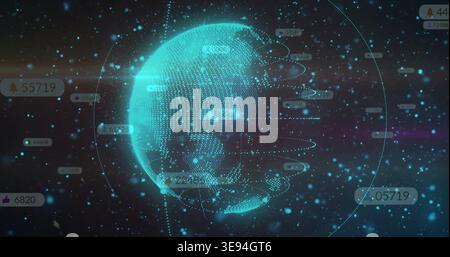 Rotating holographic globe showing cyan point cloud and orbital rings in dark space, with badges Stock Photo