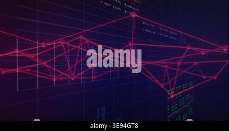 Displaying magenta connected line network glowing on futuristic dashboard, with grid axes, tickers Stock Photo