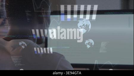 Working man wearing light tee studying code on monitor at desk, digital overlays, copy space Stock Photo