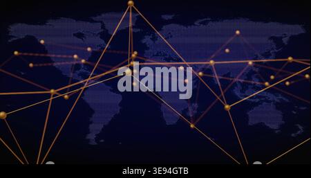 Spanning gold node network on digital dotted world map, showing rods, spheres and luminous streaks Stock Photo