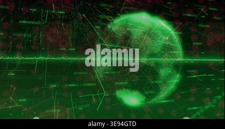 Receiving data, rotating holographic particle globe pulsing in 3D UI, showing waveform and panels Stock Photo