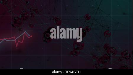 Displaying glossy spheres linking via thin lines in virtual studio, neon chart highlighting point Stock Photo