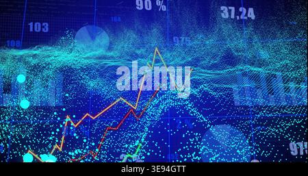 Displaying blue particle wave and multicolored line charts on dashboard, showing numeric overlays Stock Photo