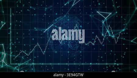 Displaying data visualization on virtual panel, showing jagged waveform intersecting dotted globe Stock Photo