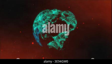 Floating wireframe globe showing Western Hemisphere network against dark crimson field, red dots Stock Photo