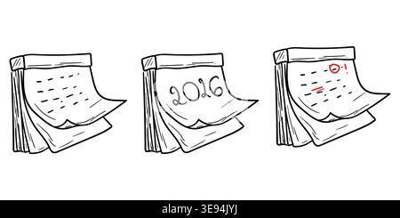 Wall calendar with paper pages, hand-drawn sketch Vector illustration. A set of simple calendar drawings with notes on the pages, isolated on a white Stock Vector