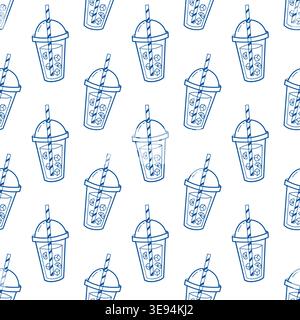 Cocktail seamless pattern blue line art doodle summer drink background for textile print Stock Vector