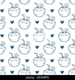Coconut cocktail seamless pattern blue line art doodle tropical drink background for textile print Stock Vector