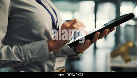 Hands, programmer or woman with tablet in agency, ai system prototyping or server integration planning. Tech, configuration or person with machine Stock Photo