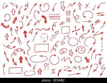 Large collection of hand drawn arrows in doodle sketch style. Set includes various curved, straight, spiral and directional arrows, symbols and marks. Stock Vector