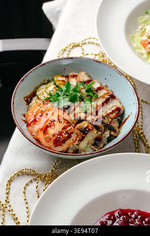 Asian fried rice with mushrooms and meat Stock Photo