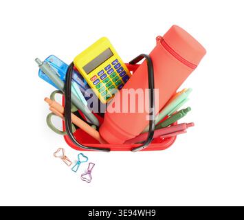 Shopping basket with school stationery on white background Stock Photo