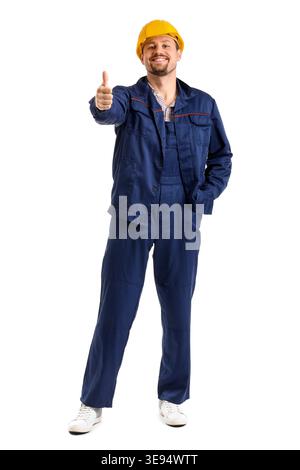 Male builder showing thumb-up on white background Stock Photo