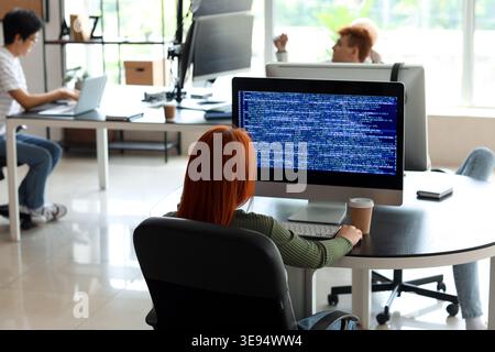 Female programmer working in office, back view Stock Photo