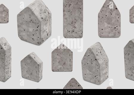 This pattern displays different shapes of concrete houses arranged in a seamless layout. It is suitable for various design projects like fabrics, wall Stock Photo