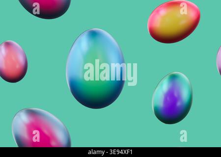 Colorful Easter eggs appear in a seamless pattern on a light green background. This design is ideal for holiday crafts and decorations. Bright colors Stock Photo