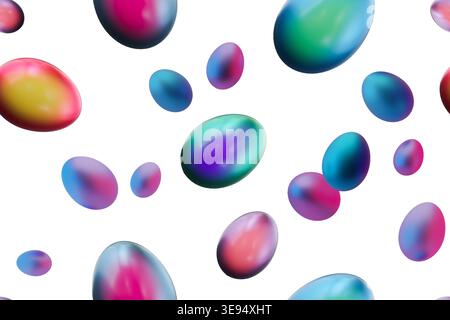 Brightly colored Easter eggs are scattered across a white background in a seamless pattern. This design showcases different sizes and shapes of eggs Stock Photo