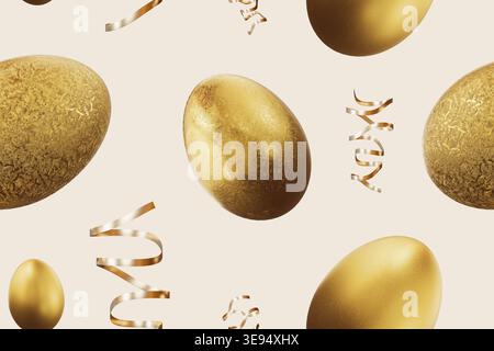 A seamless pattern with golden eggs and ribbons. The scene captures elements of Easter. It reflects the festive spirit of springtime activities and Stock Photo