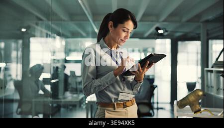 Reading, programmer and woman with tablet in office, ai model prototyping or server configuration. Review, system testing or technician with tech for Stock Photo