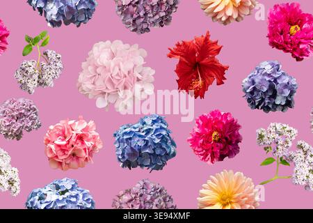 The design displays a seamless pattern made up of different types of flowers and leaves arranged on a pink background. The flowers vary in color and Stock Photo