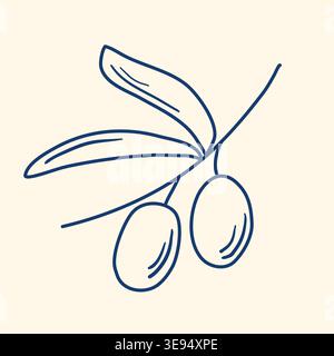 Ripe olive on branch with leaf, doodle style. Blue ink drawing of the olive fruit. Healthy organic food, extra virgin oil, vector graphics Stock Vector