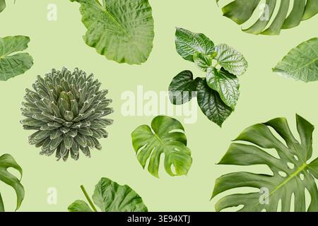 This seamless pattern features various green leaves arranged on a light green background. The design shows different shapes and textures of natural Stock Photo