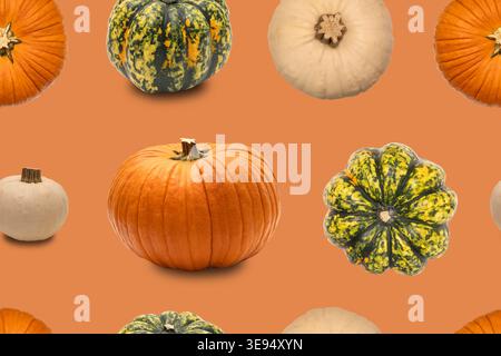 Different pumpkins are arranged in a repeating design on an orange background. This pattern is suitable for fall themes, crafts, and decor projects Stock Photo