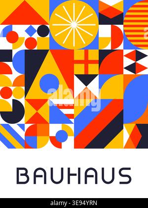 Vibrant Abstract Bauhaus Composition Featuring Triangles, Circles and Primary Color Grid Vector Illustration Stock Vector