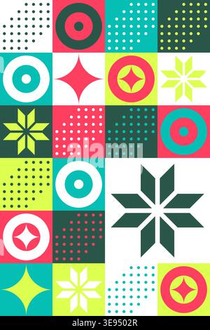 Vivid modern Bauhaus pattern with geometric tiles in neon and festive colors Stock Vector