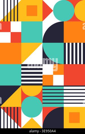Colorful Bauhaus Composition with Circles, Stripes, and Angled Blocks Vector Illustration Stock Vector