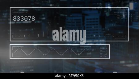 Floating two translucent HUD panels over night skyline, displaying readout 833078 and waveform Stock Photo